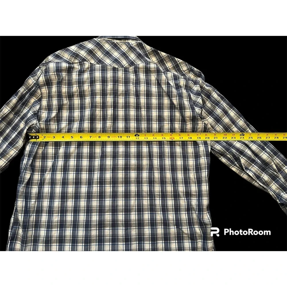 Banana Republic Men Size L Blue Windowpane Cotton Pearl Snap Long Sleeve Shirt
